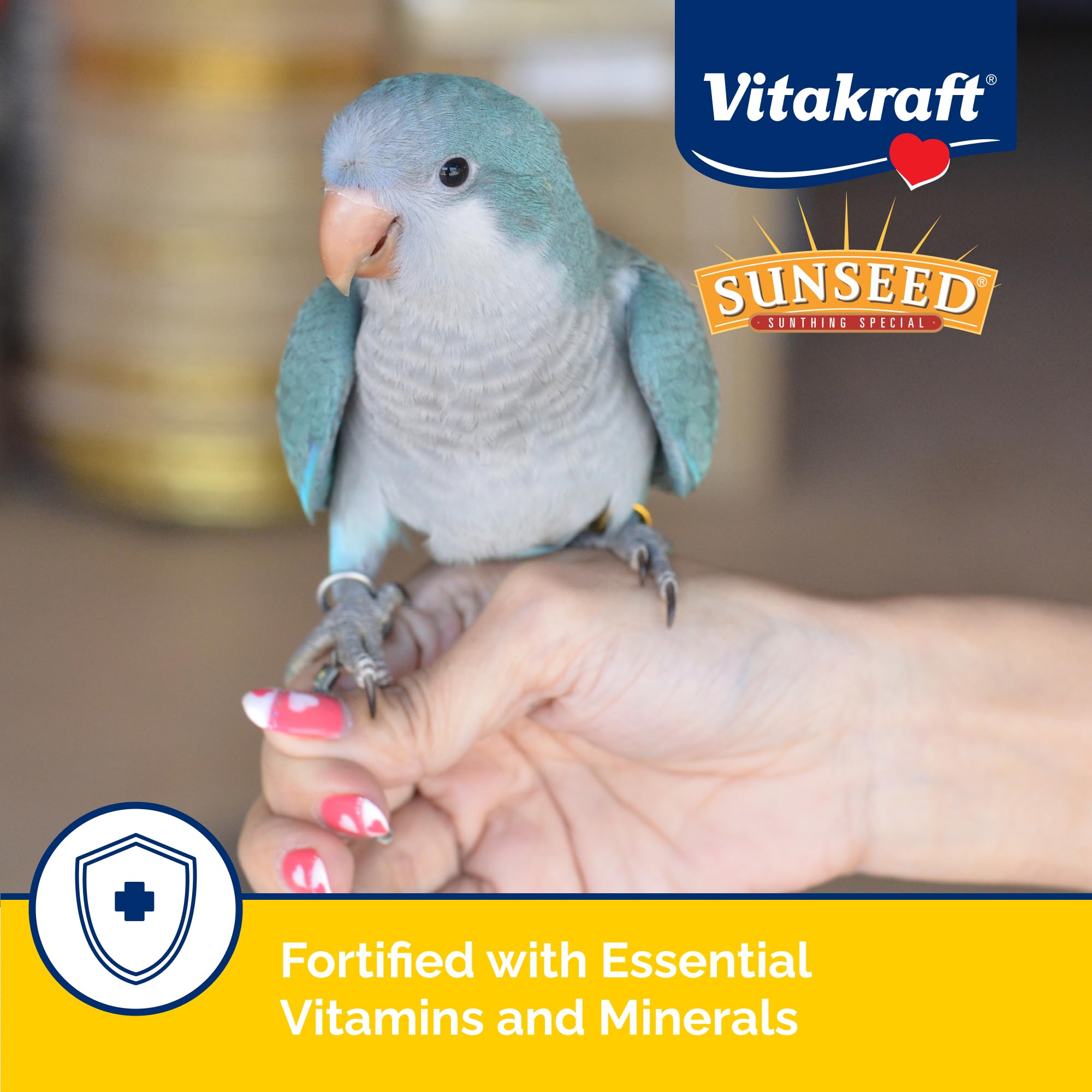 Vitakraft Sunseed Vita Prima Safflower Formula Parrot Food showing dried vegetables and fruit pieces.