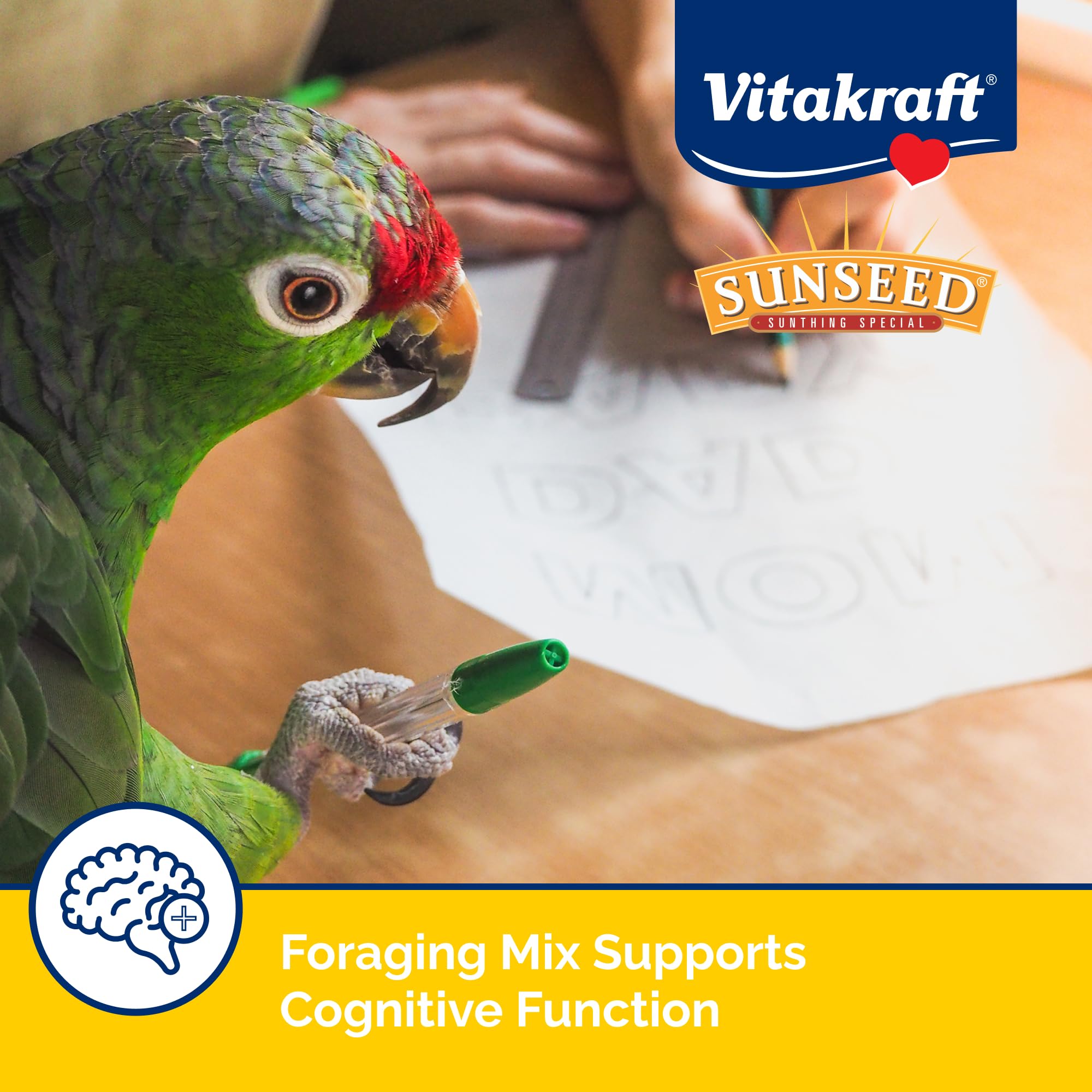 Vitakraft Sunseed Vita Prima Safflower Formula Parrot Food highlighting its grains and seeds.