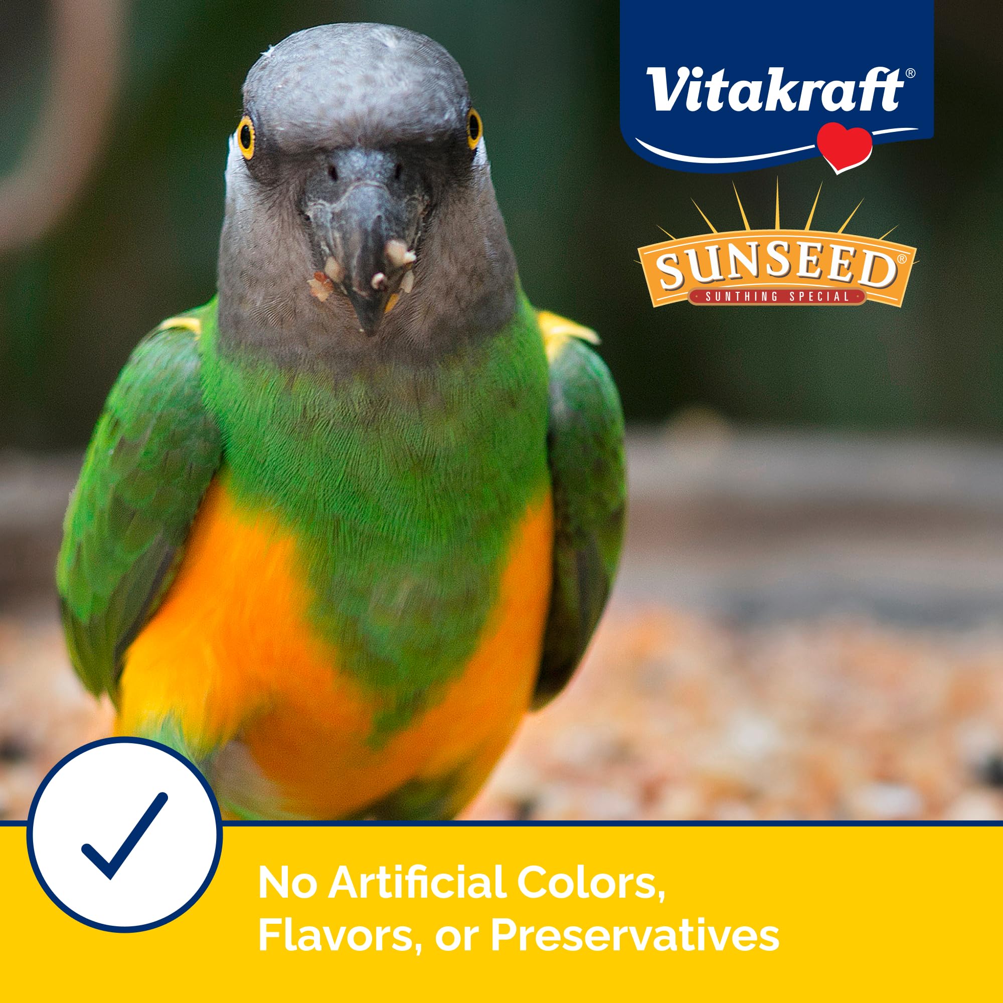 Vitakraft Sunseed Vita Prima Safflower Formula Parrot Food presented in a feeding bowl.