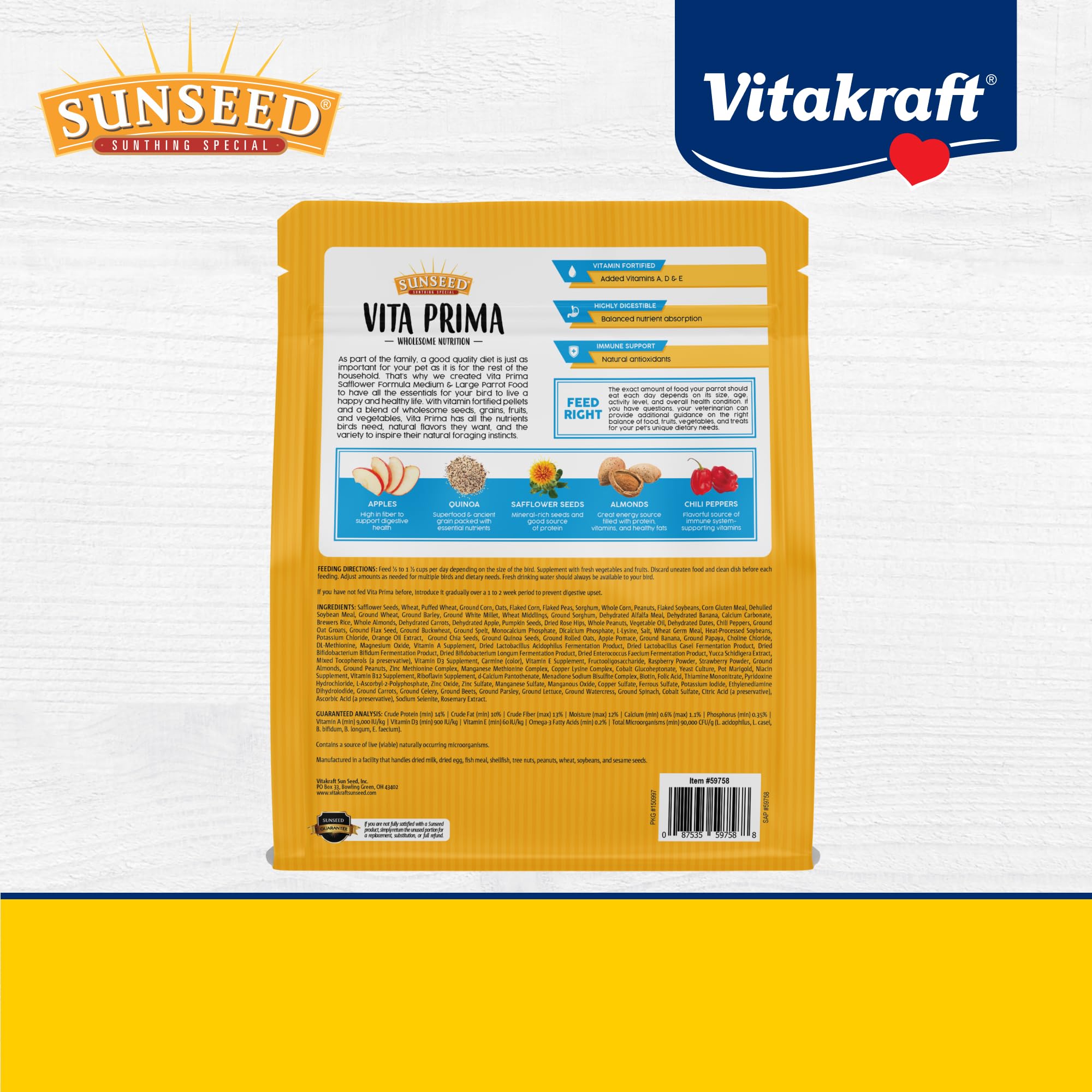 Vitakraft Sunseed Vita Prima Safflower Formula Parrot Food viewed from the side of its package.