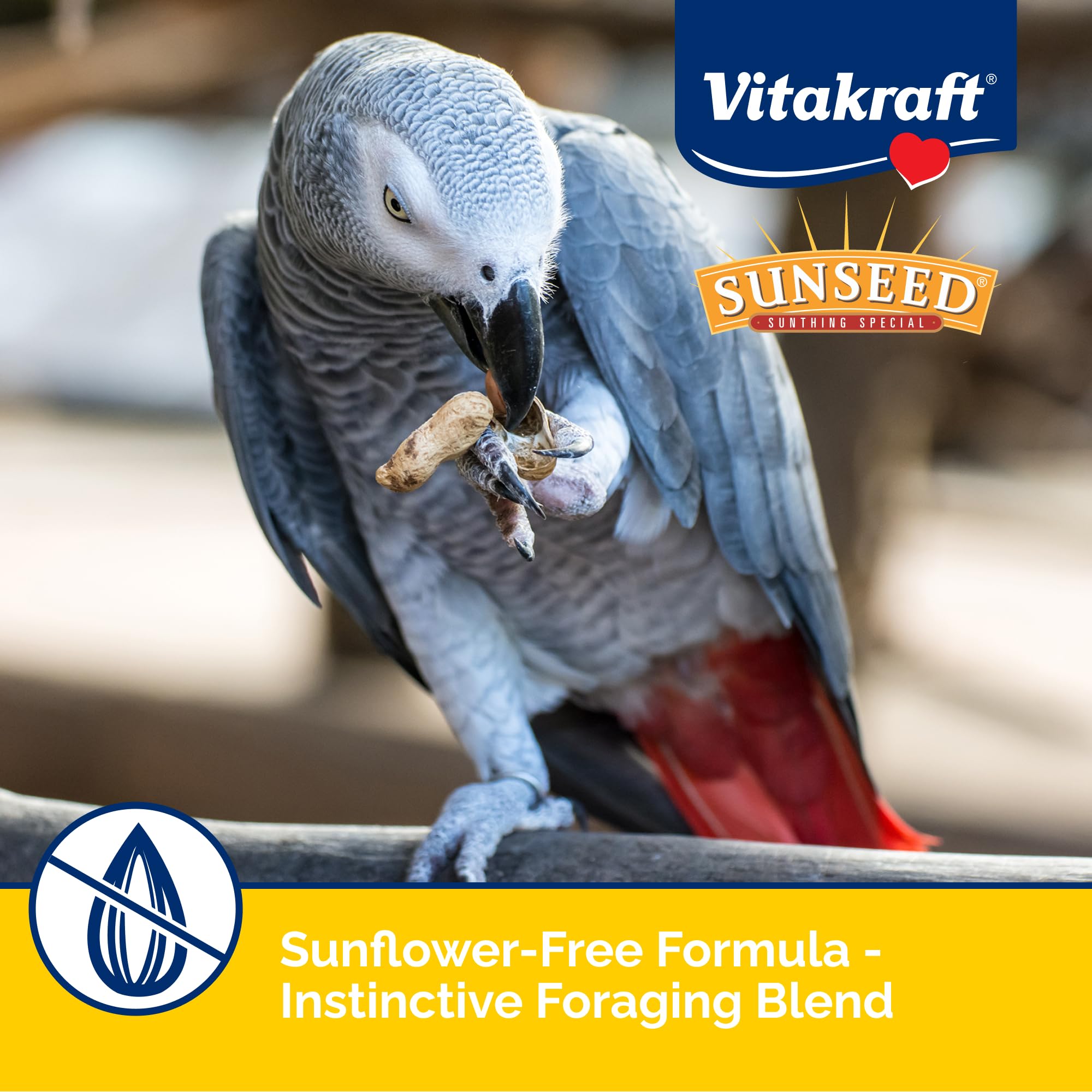 Vitakraft Sunseed Vita Prima Safflower Formula Parrot Food with safflower seeds in focus.