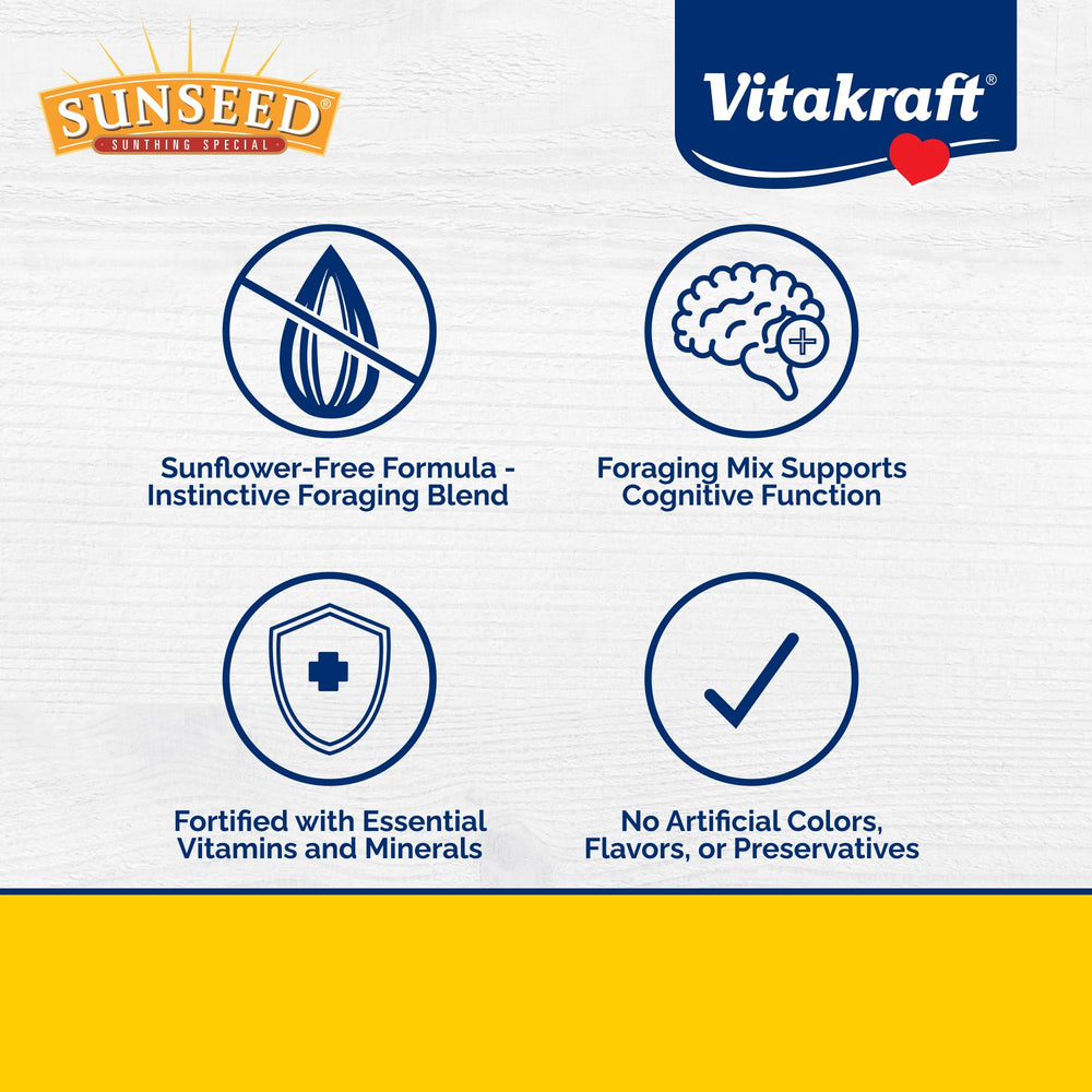 Vitakraft Sunseed Vita Prima Safflower Formula Parrot Food with a close view of the mixed seeds.
