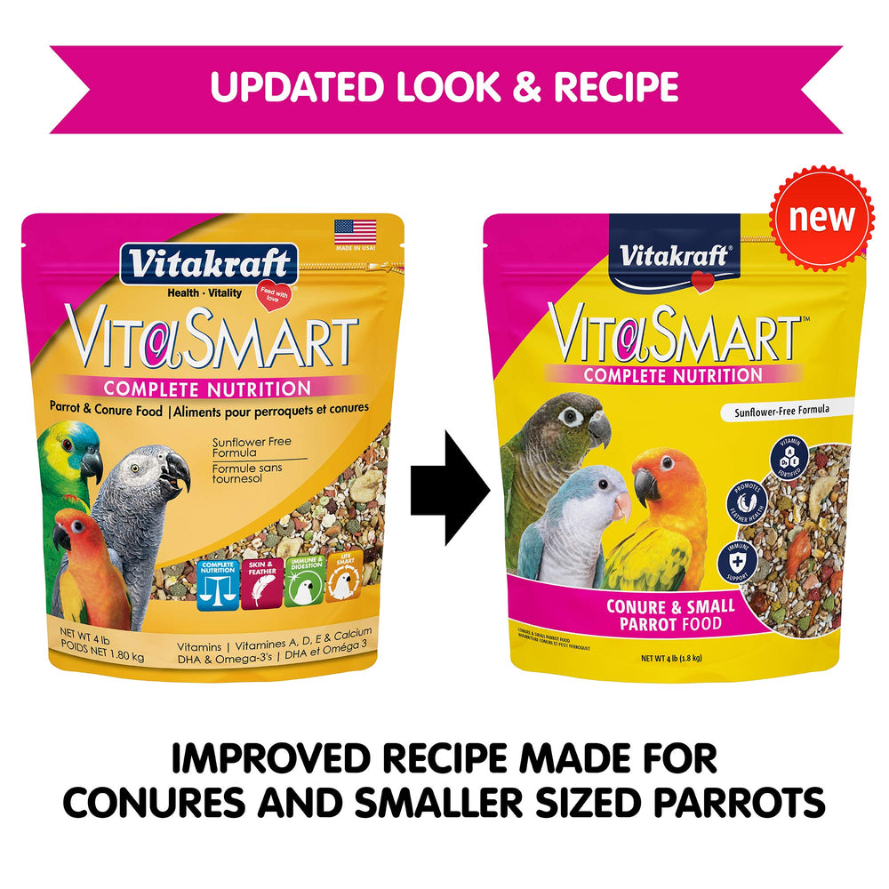 Vitakraft Vita Smart Conure & Small Parrot Food shown with its ingredient information.