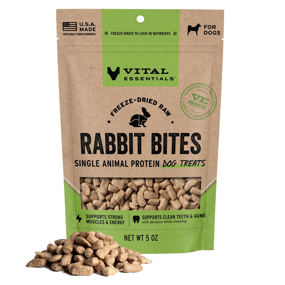 Vital Essentials rabbit dog treats shown in the front view of the 5 oz bag.