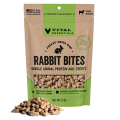 Vital Essentials rabbit dog treats shown in the front view of the 5 oz bag.