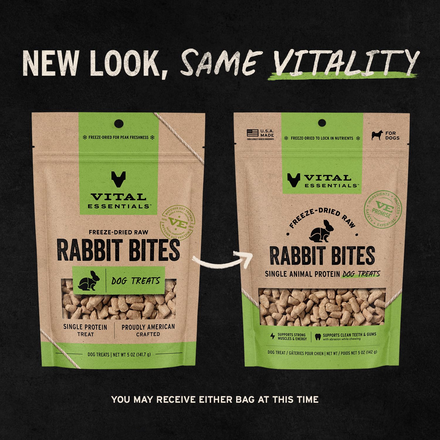 A close-up of individual Vital Essentials rabbit dog treat bites.