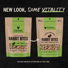 A close-up of individual Vital Essentials rabbit dog treat bites.