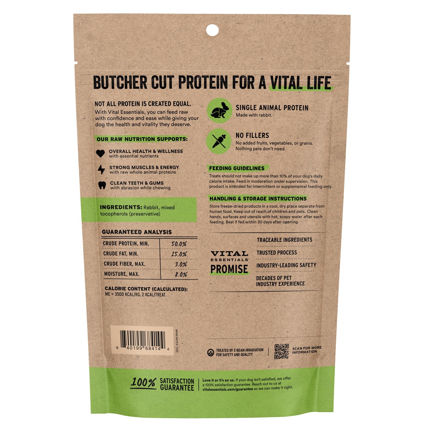 Vital Essentials rabbit dog treats visible inside the opened bag.