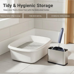 Vitisyao cat litter scoop resting in its stainless steel holder.