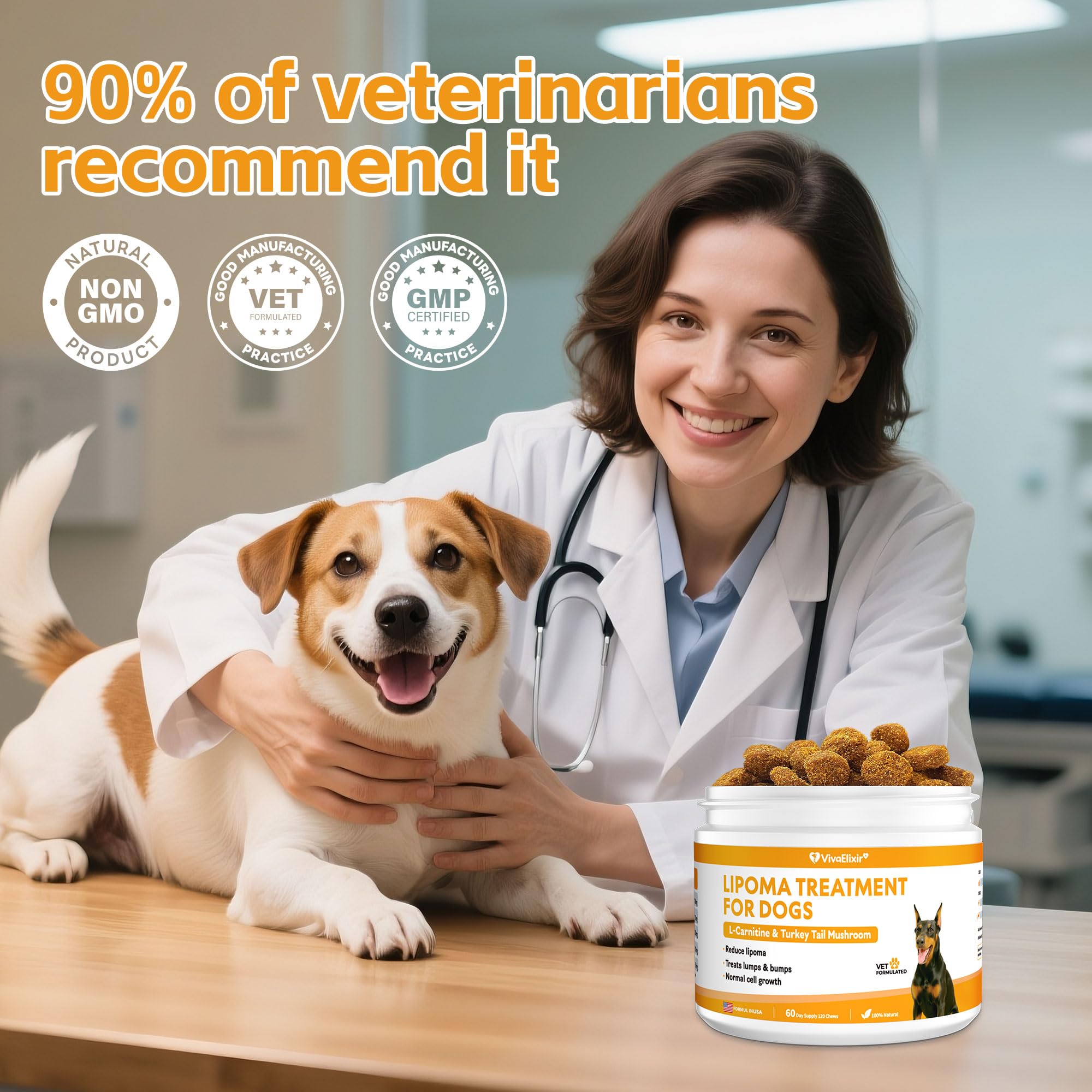 VivaElixir dog lipoma support supplement shown in a dog-use setting.