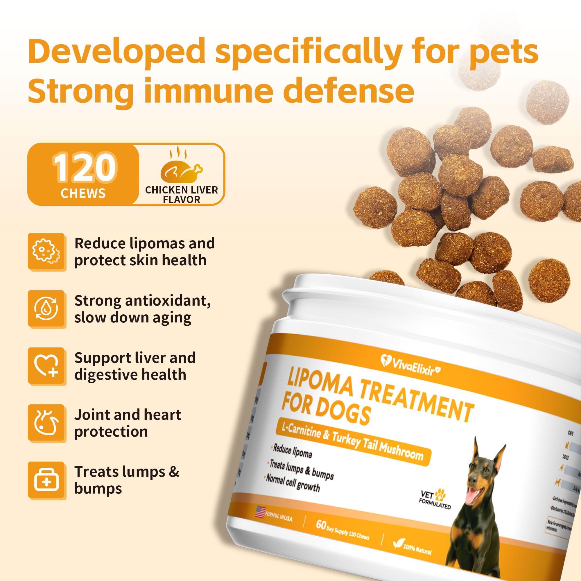 VivaElixir dog lipoma support supplement with its ingredient panel in focus.
