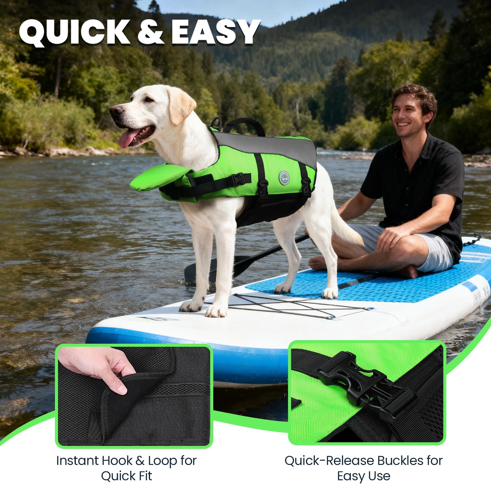 VIVAGLORY dog life vest adjustable straps and quick-release buckles shown in detail.