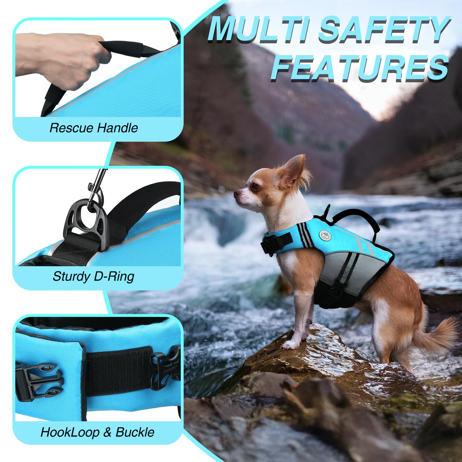 VIVAGLORY dog life vest showing the quick-drying mesh belly band and adjustable straps.