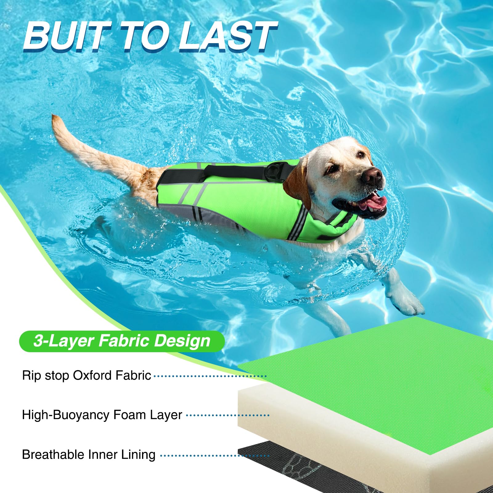 VIVAGLORY Dog Life Vest showing the foam placement beneath the neck and along the sides.
