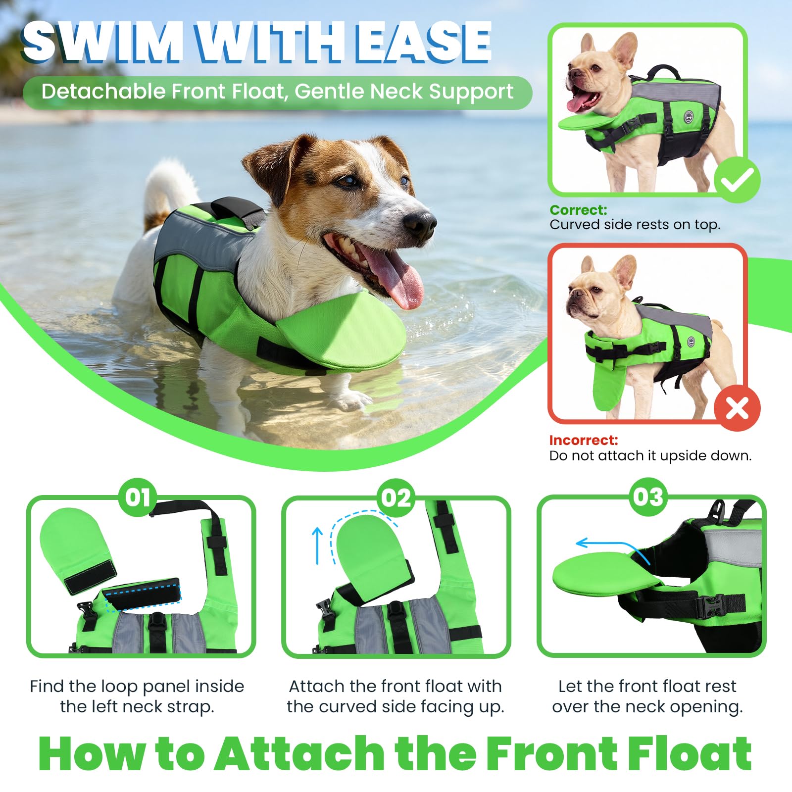 VIVAGLORY dog life vest front float shown as a removable neck-support feature.
