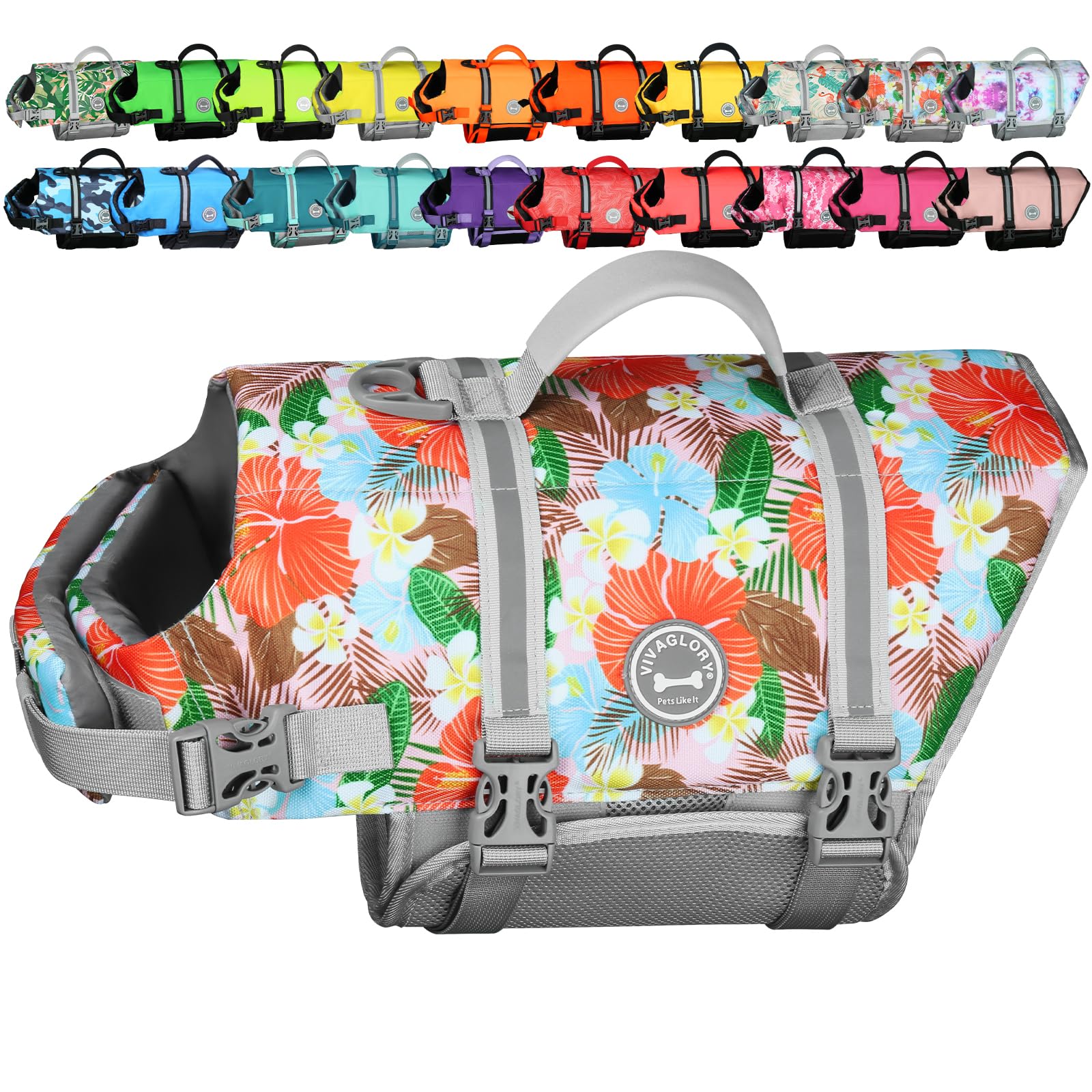 VIVAGLORY dog life vest shown from the front in Floral Orange.