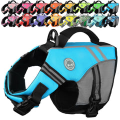 VIVAGLORY dog life vest in blue, shown from the front.