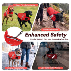 VIVAGLORY Dog Raincoat adjustable hood and snap buttons shown in detail.