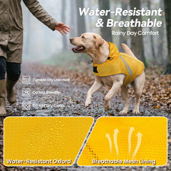 VIVAGLORY dog raincoat hood with its adjustable buckle and snap buttons.