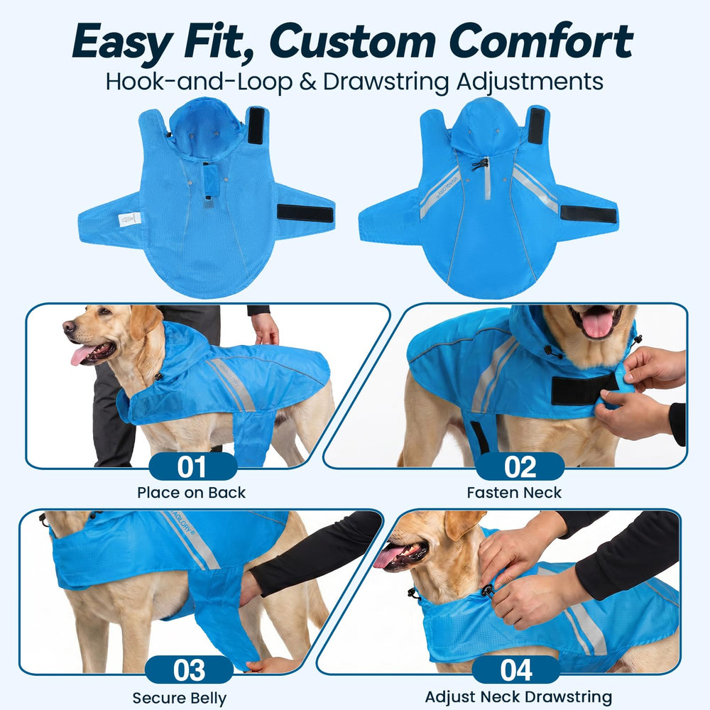 VIVAGLORY dog raincoat showing the covered two-way leash zipper.