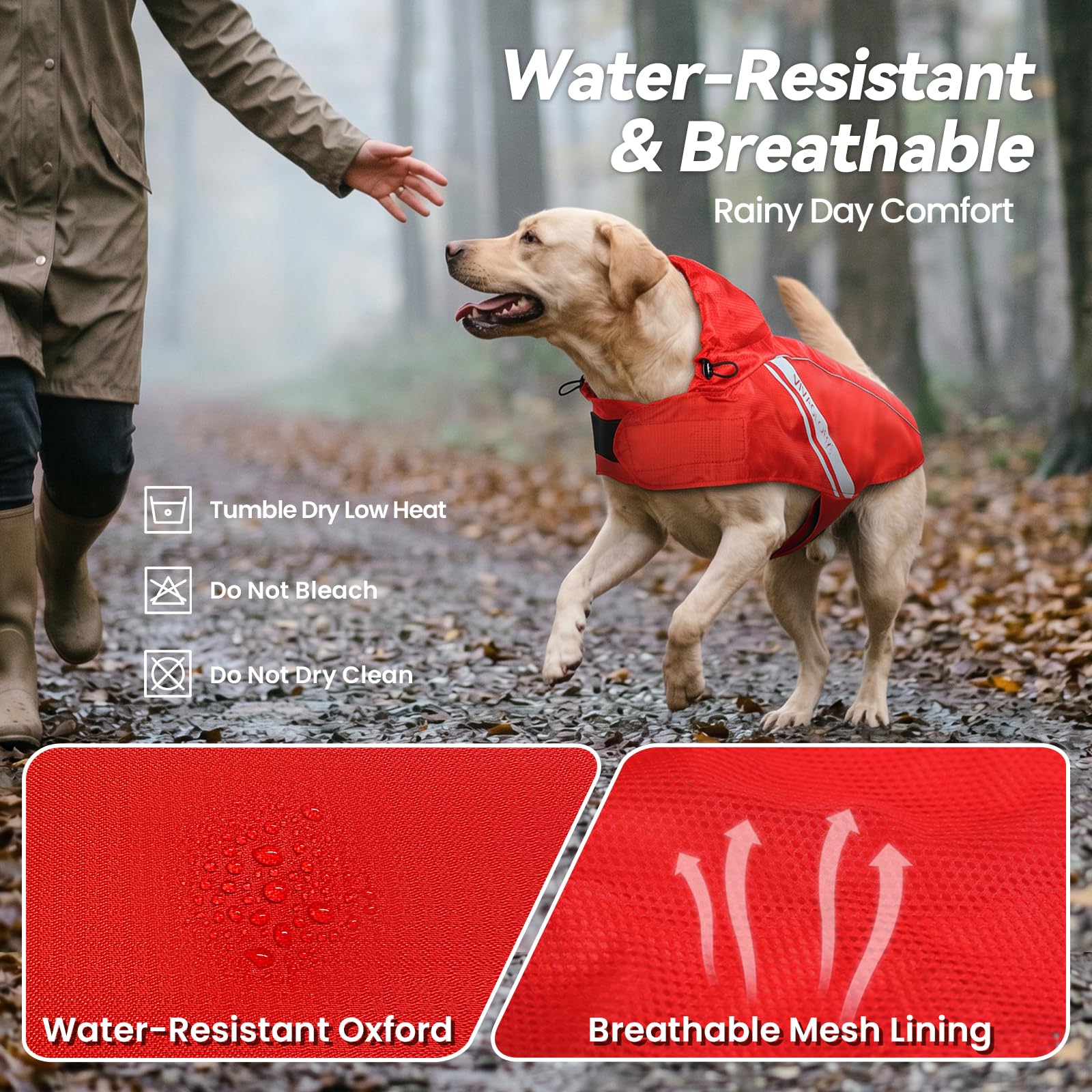 VIVAGLORY Dog Raincoat reflective trim shown in close-up.