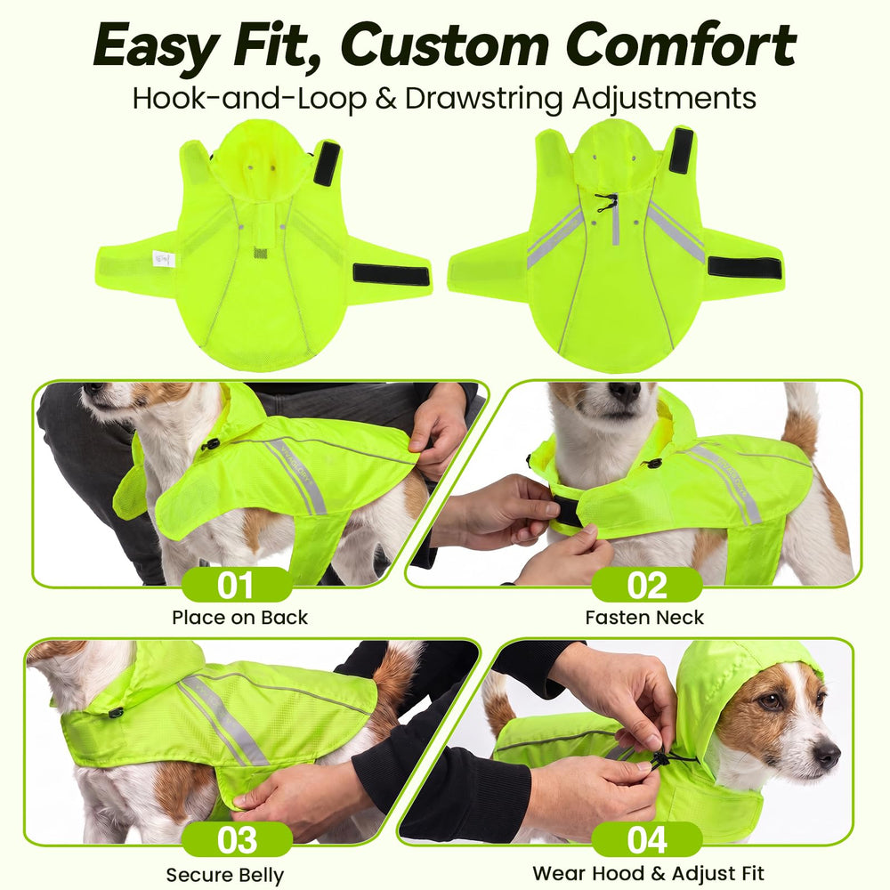 VIVAGLORY dog raincoat detail showing its wider reflective trims.