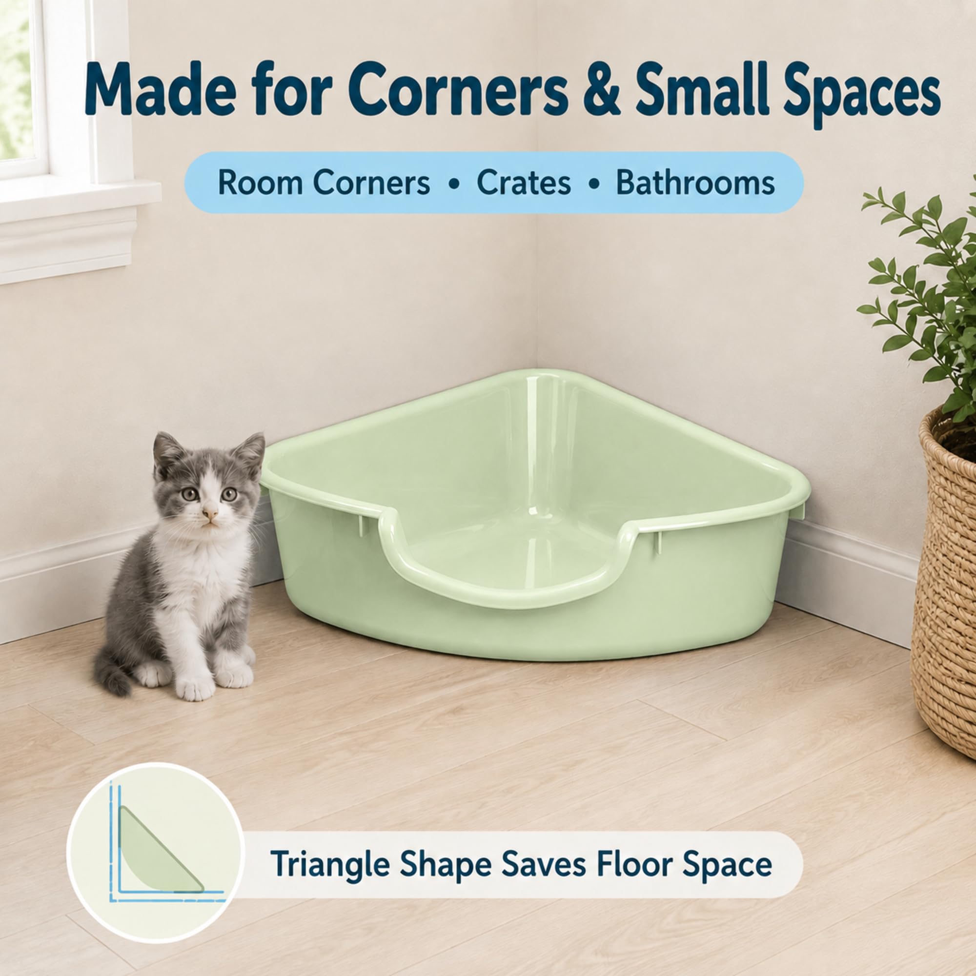 Volope corner litter box positioned against two walls.