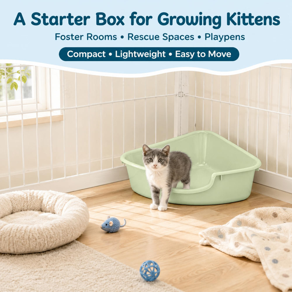 Volope corner litter box with a rounded rim and polished edges.