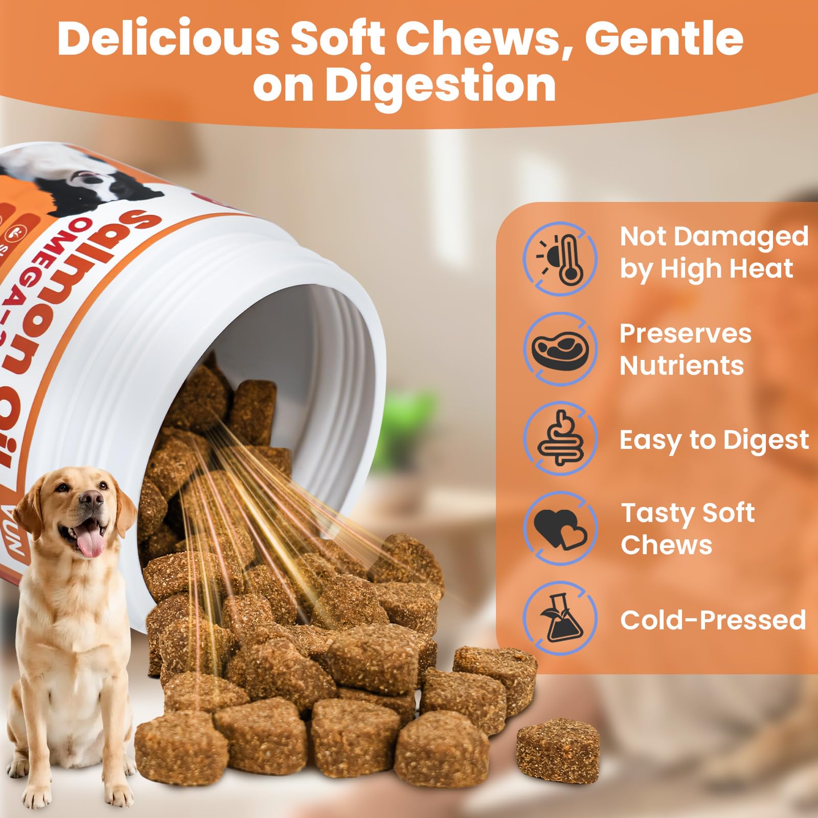 VUN salmon oil dog chews featuring omega-3 and omega-6 fatty acids.