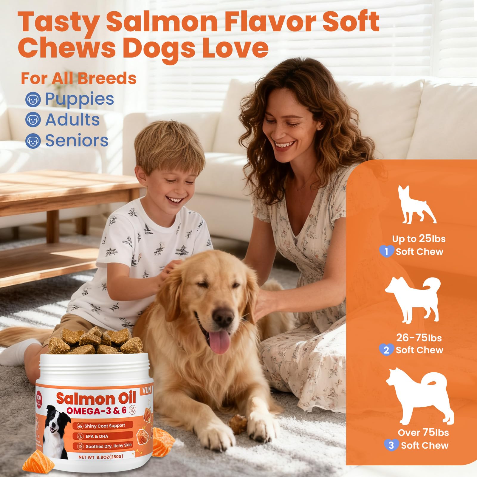 VUN dog chews with natural salmon flavor highlighted.