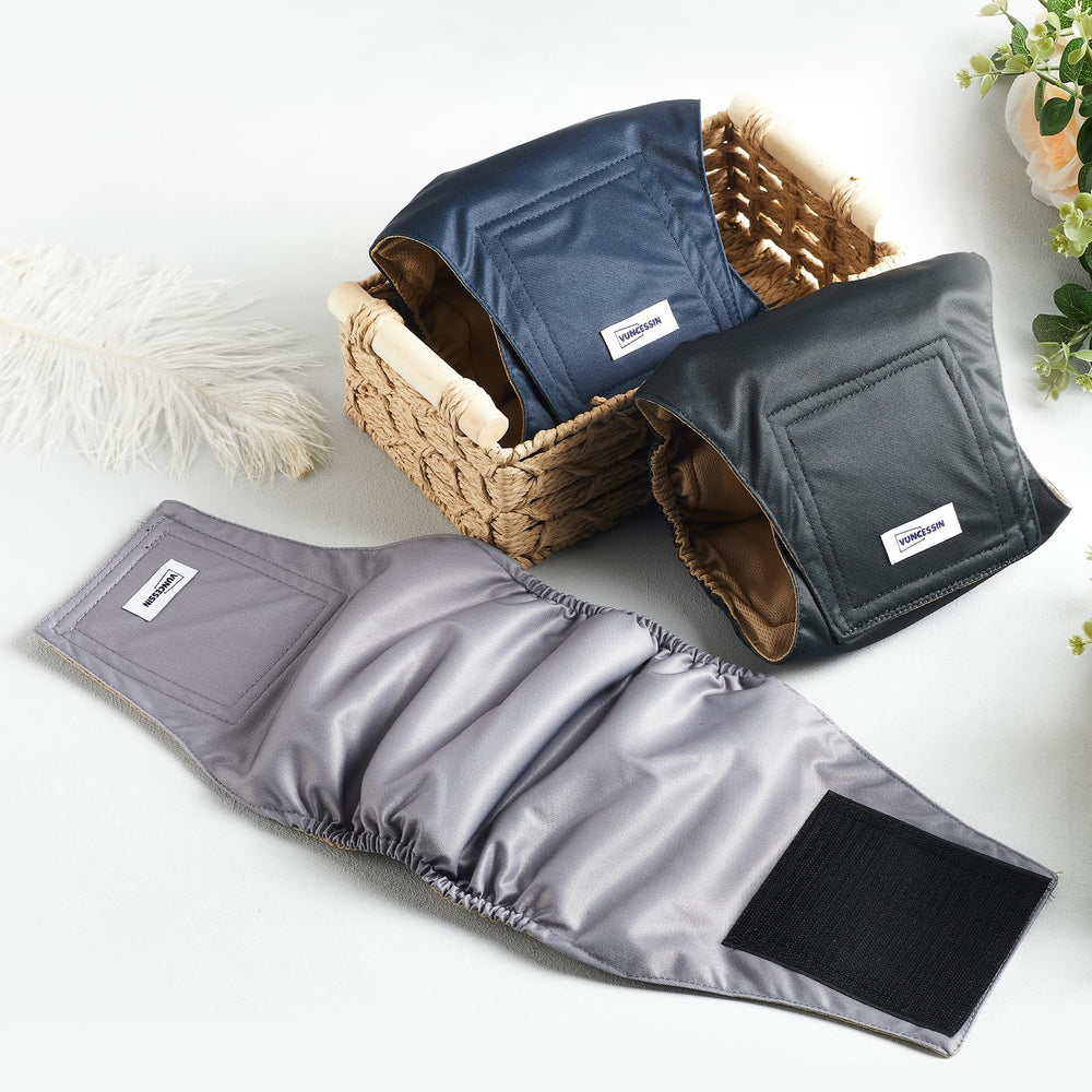 VUNCESSIN male dog belly bands displayed in three patterns.