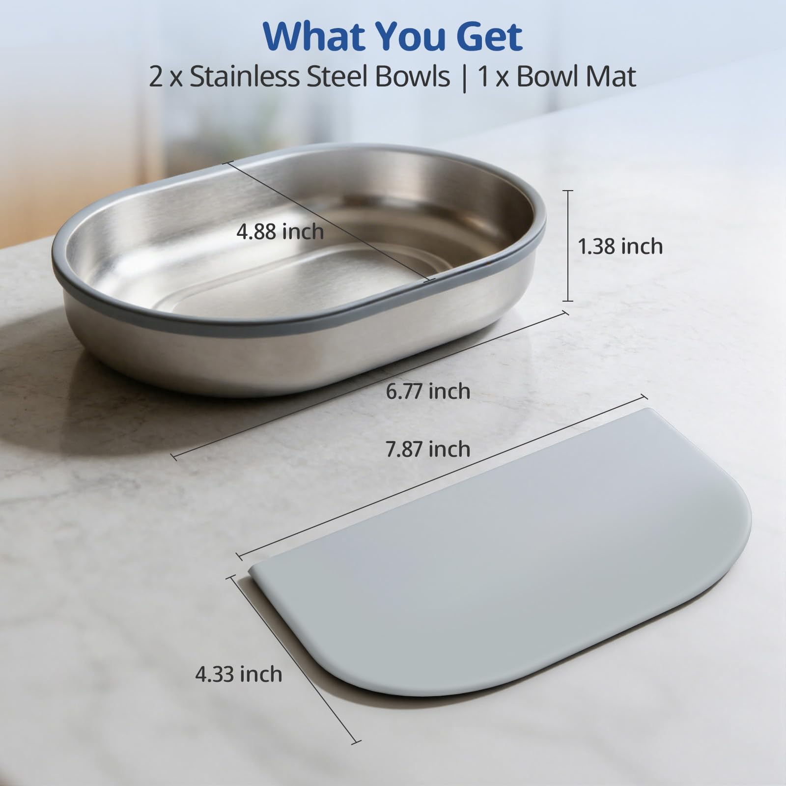waatoos stainless steel bowl set shown with the mat around the feeding area.