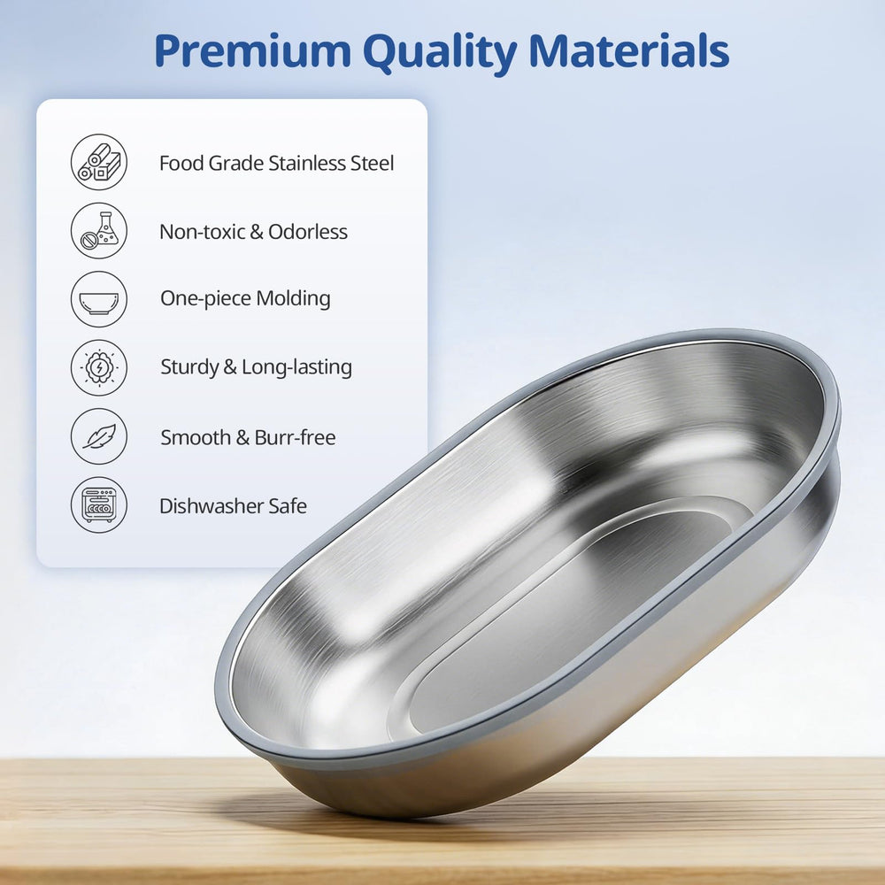 waatoos stainless steel cat bowl with its steel surface in close view.