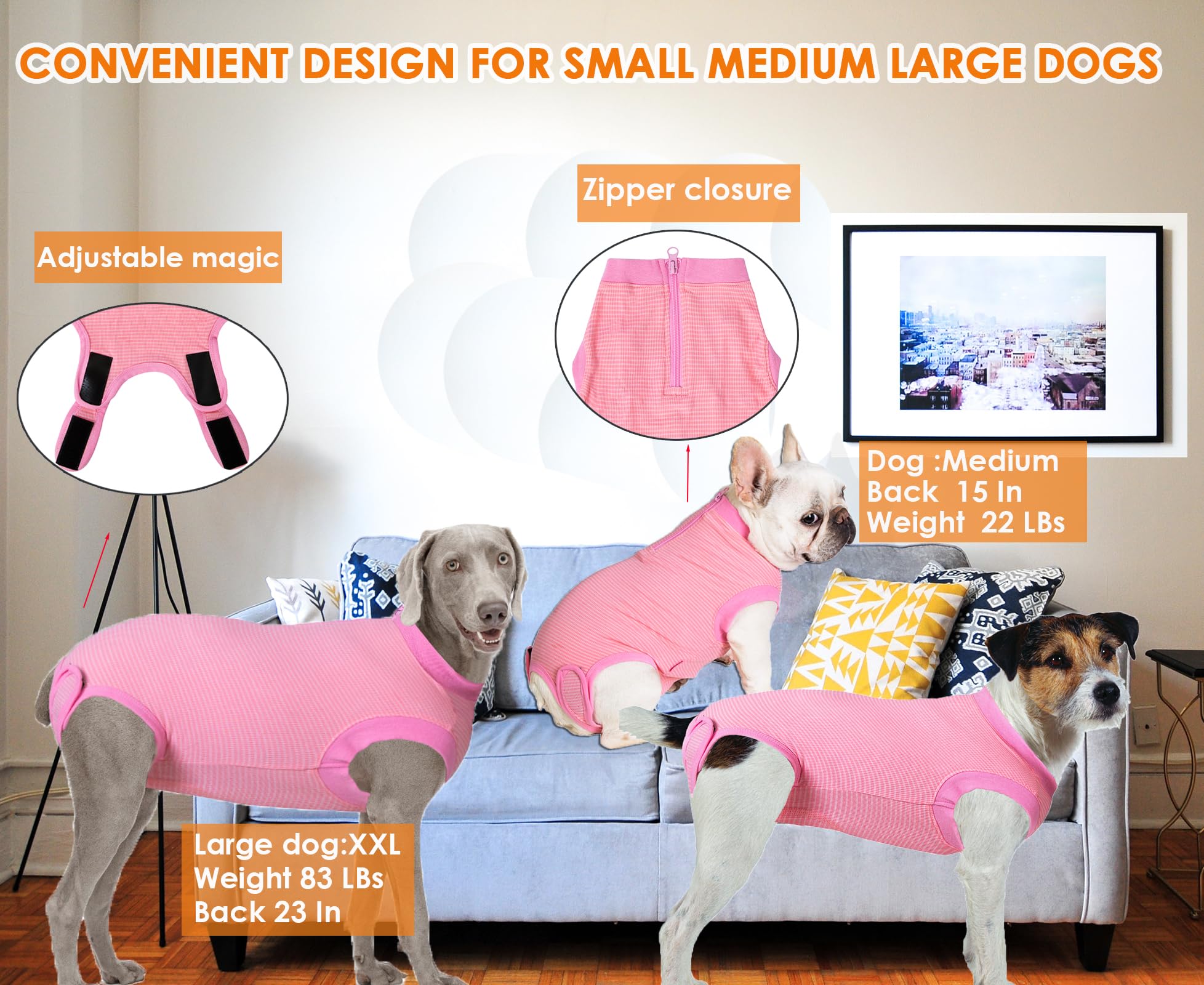 Wabdhaly dog recovery suit zipper and adjustable closure detail.