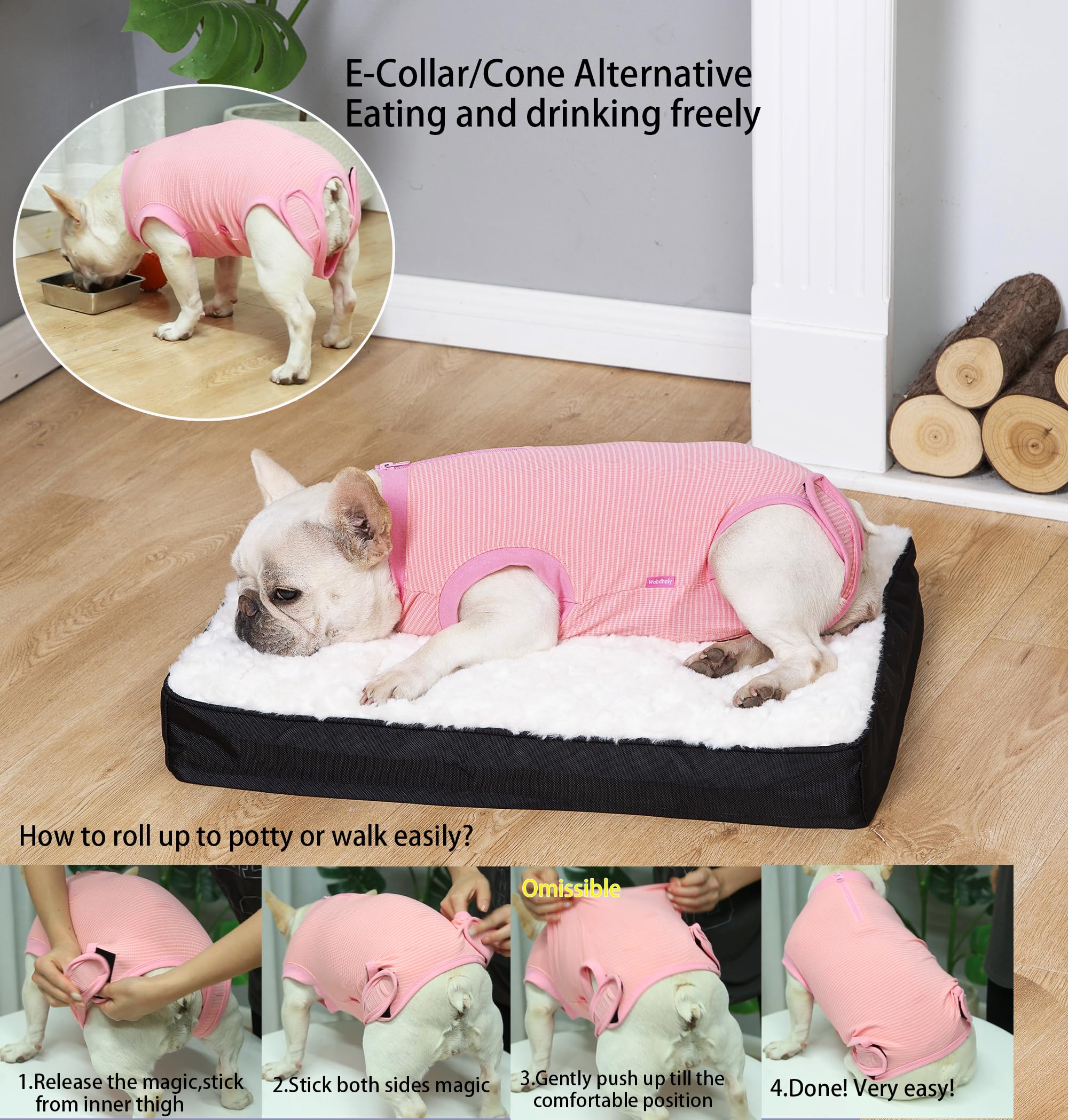 Wabdhaly female dog recovery suit shown worn by a dog.