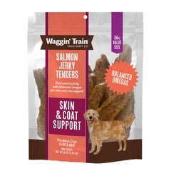 Waggin' Train Salmon Jerky Dog Treats pouch shown from the front.