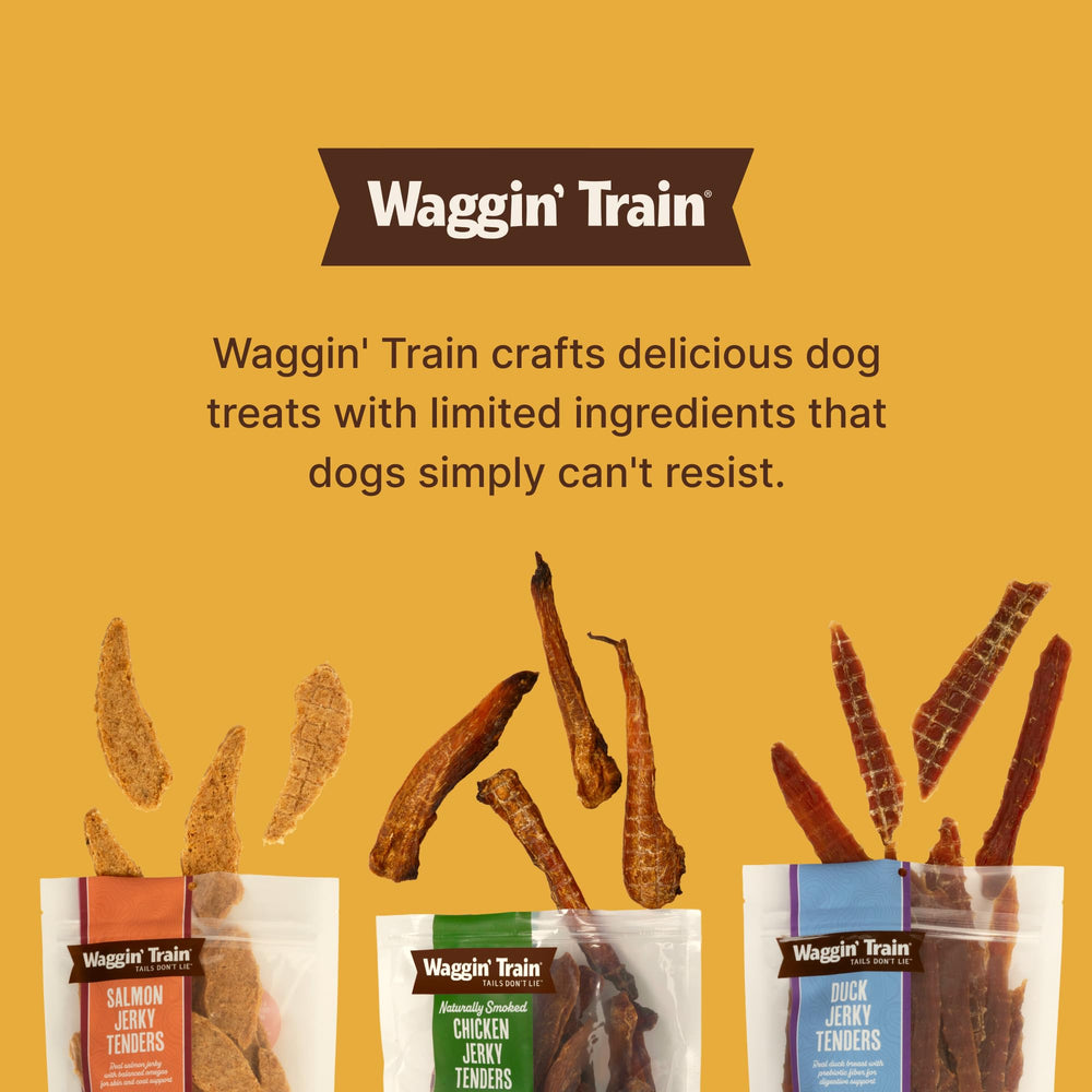 Waggin' Train Salmon Jerky Dog Treats pouch shown from the side.