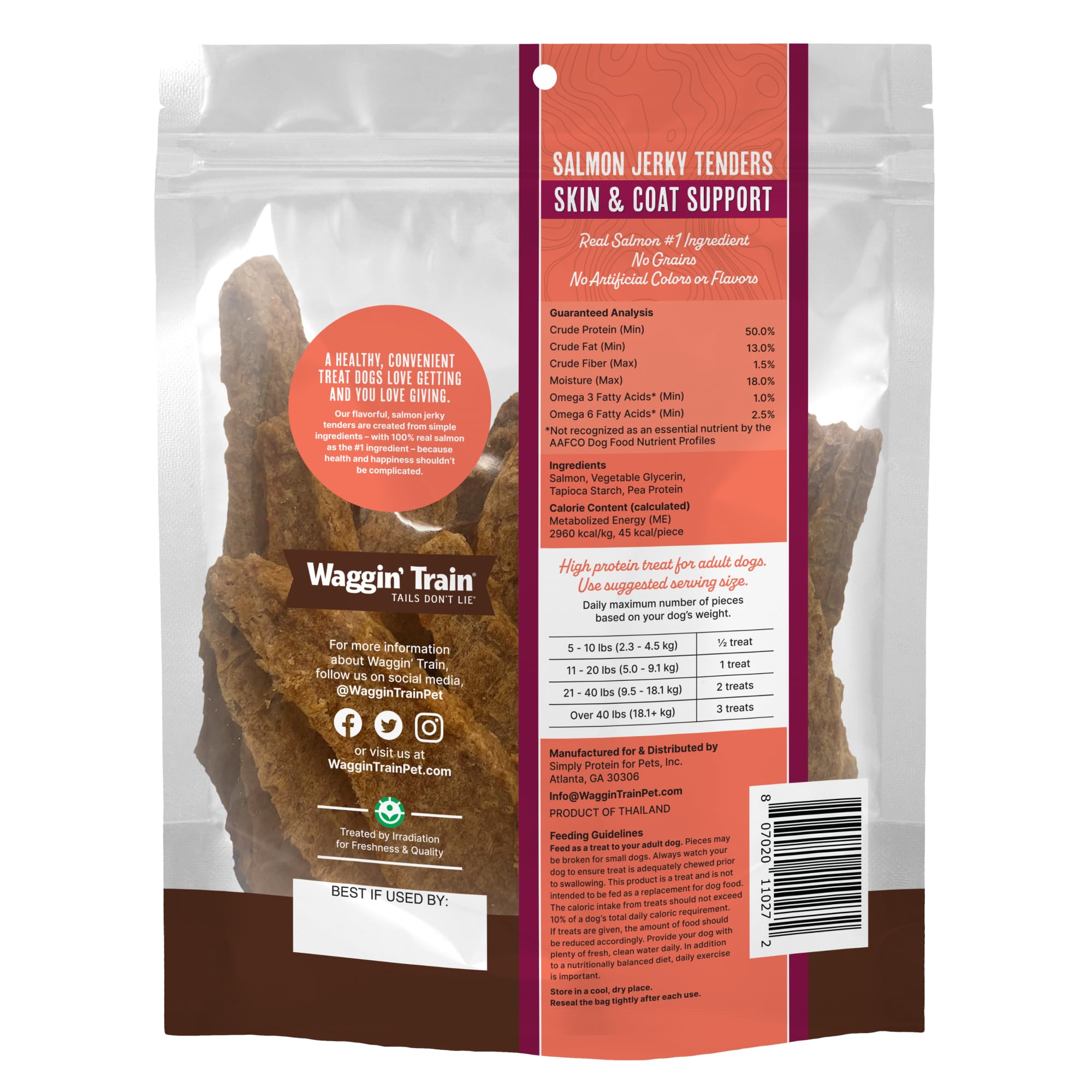 Waggin' Train Salmon Jerky Dog Treat shown close up as a tender.