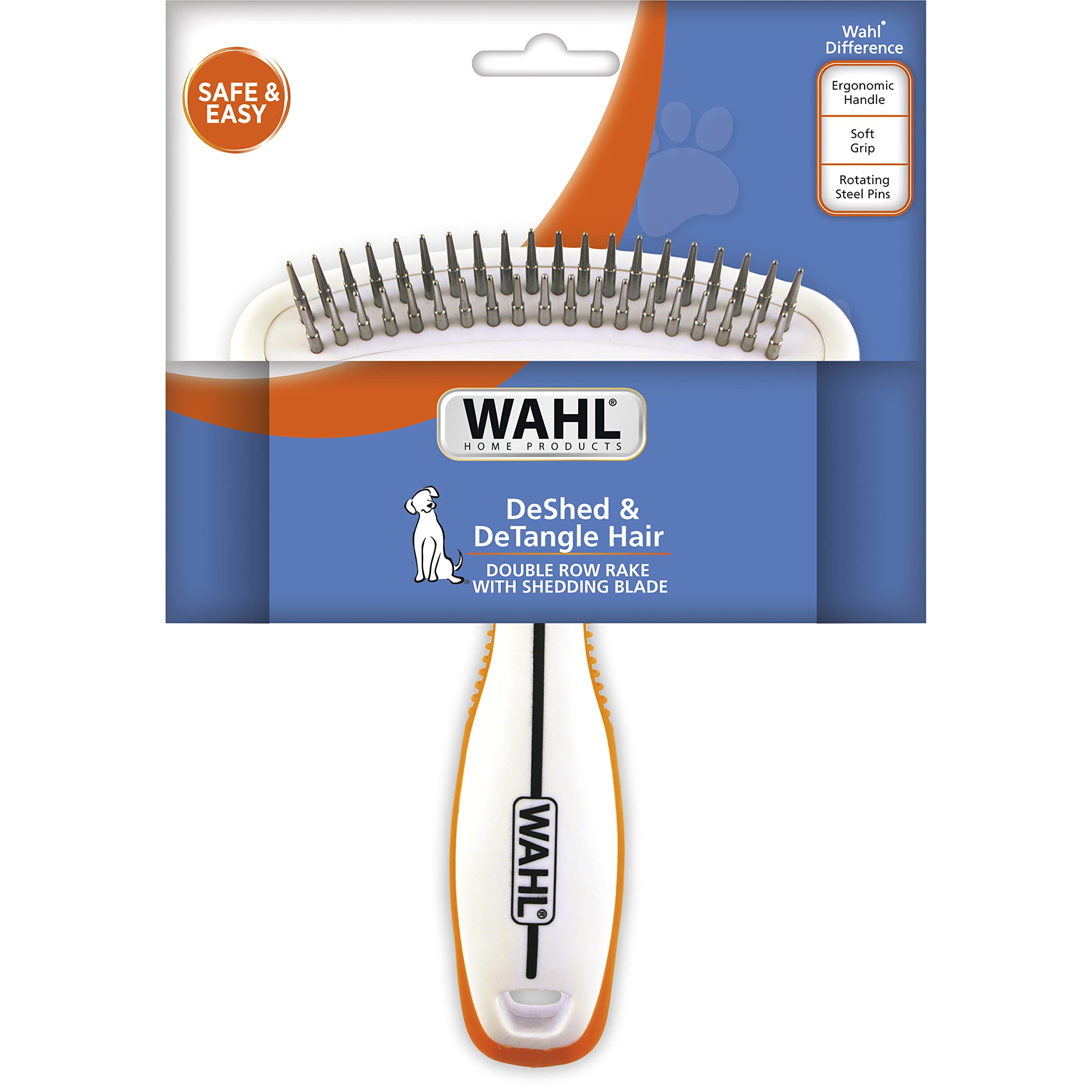 Wahl 2-in-1 pet rake shown grooming a dog with a dense coat.