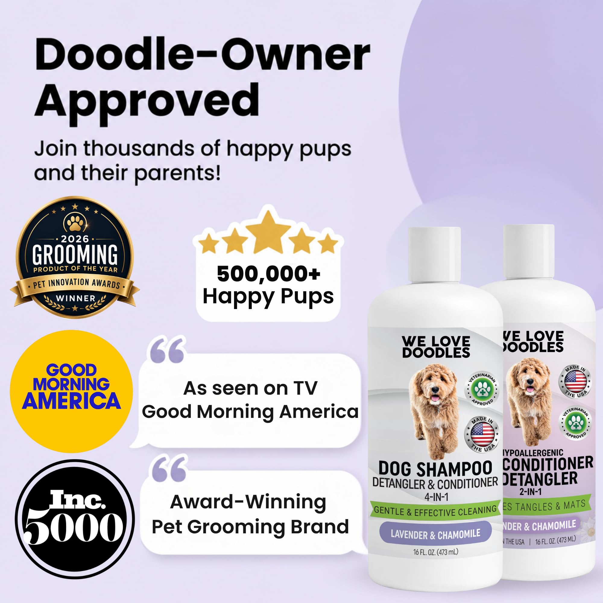 We Love Doodles dog shampoo shown from the back with its label.
