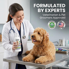We Love Doodles dog shampoo shown being used during bath time.