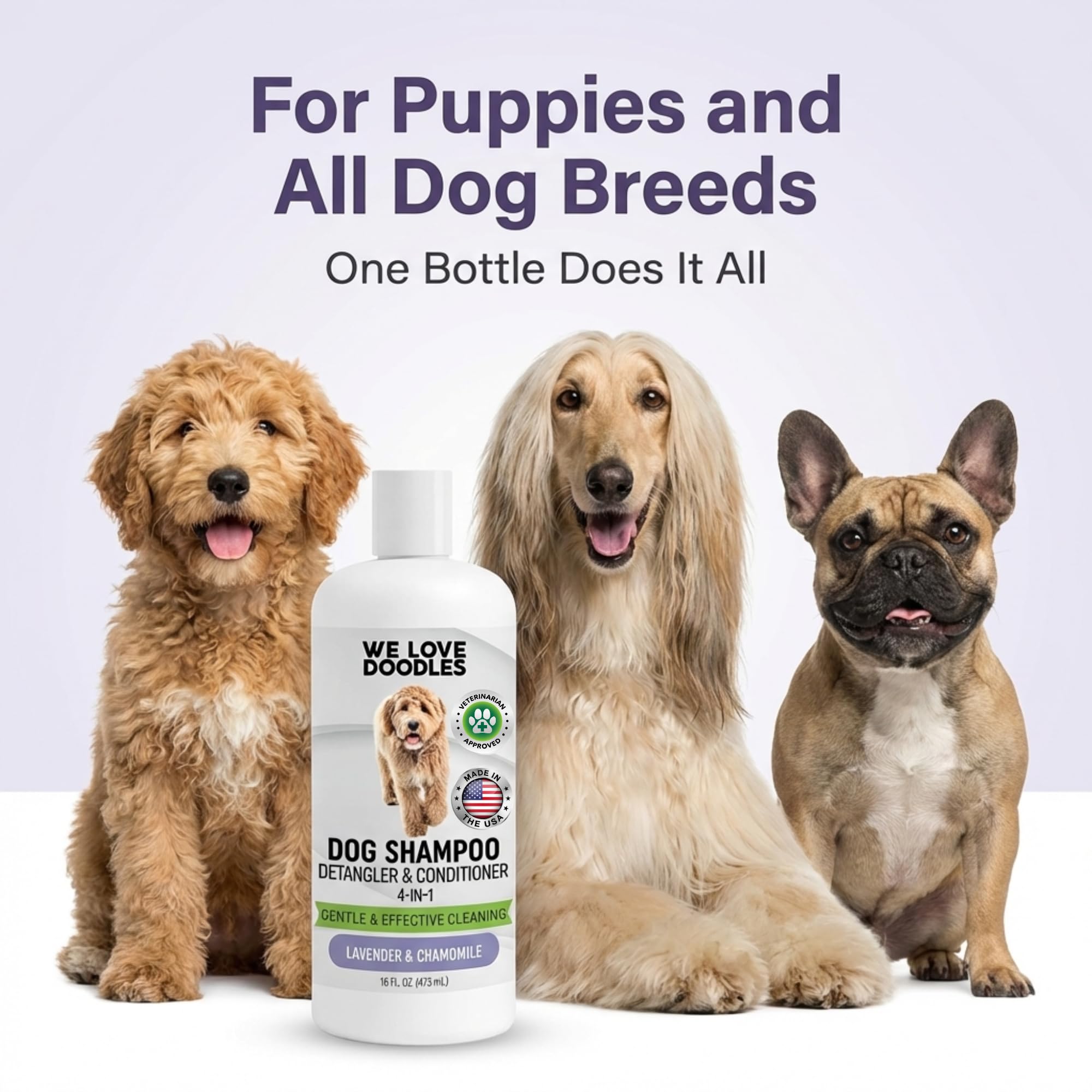 We Love Doodles dog shampoo shown in a coat detangling context.