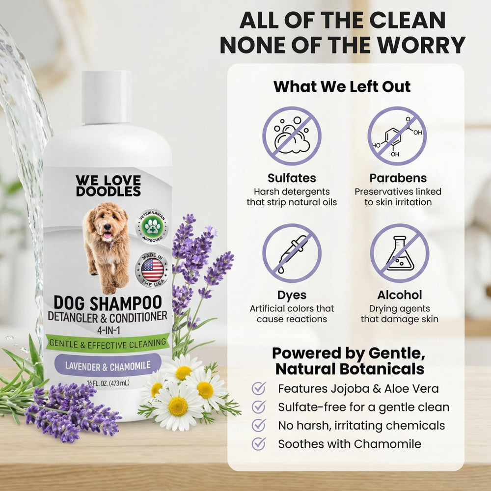 We Love Doodles dog shampoo presented as a four-in-one formula.