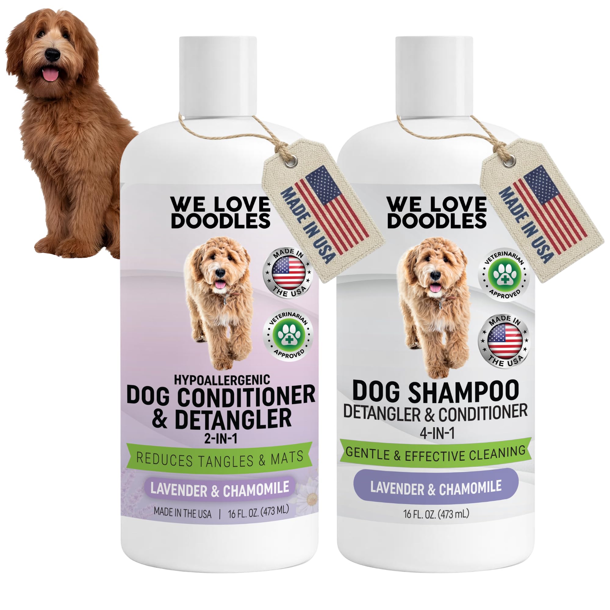 We Love Doodles dog shampoo shown from the front.