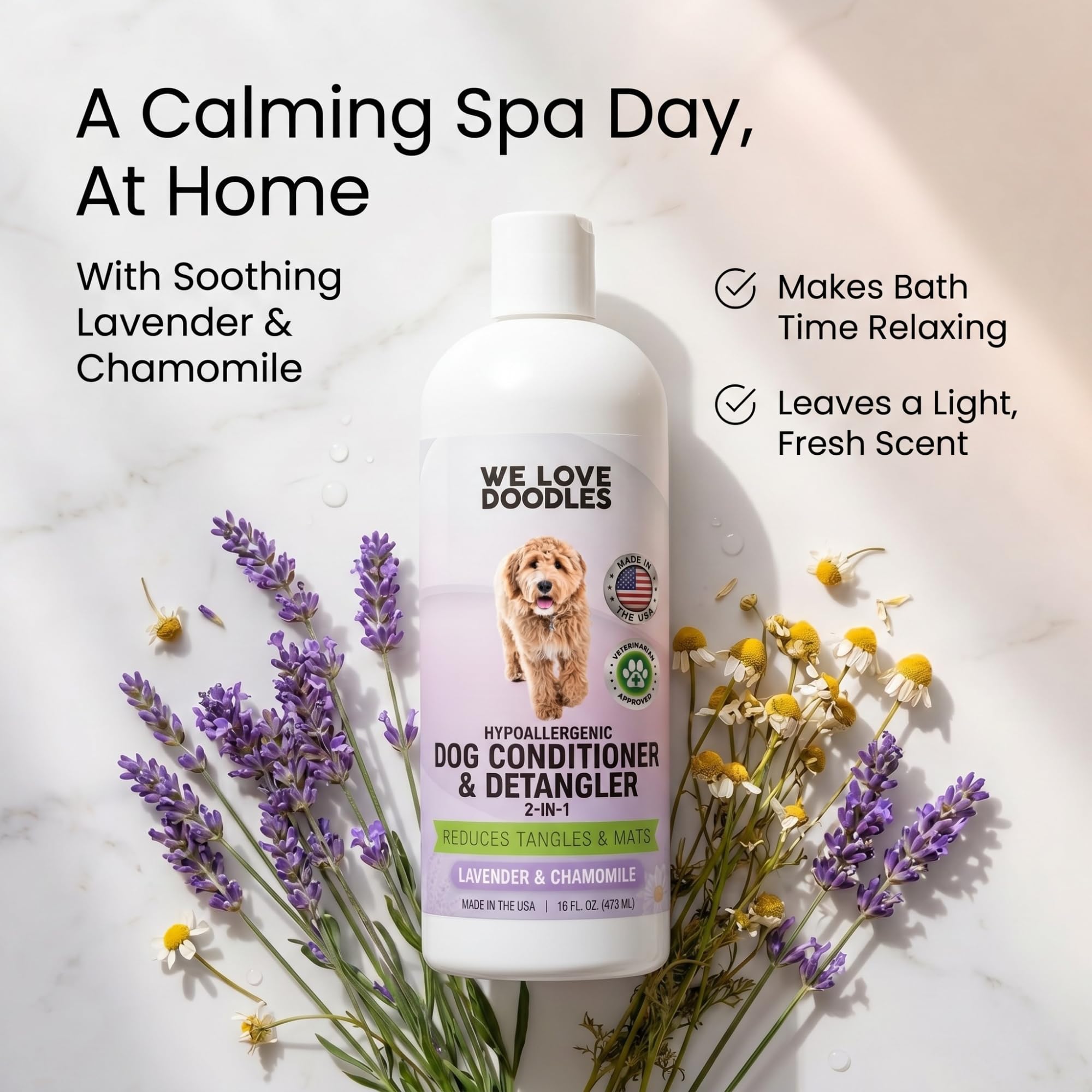 We Love Doodles dog shampoo shown for gentle care of sensitive skin.