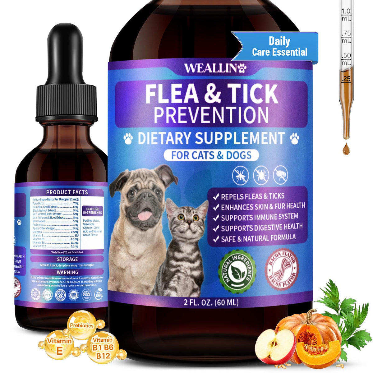 WEALLIN flea and tick support drops bottle shown from the front.