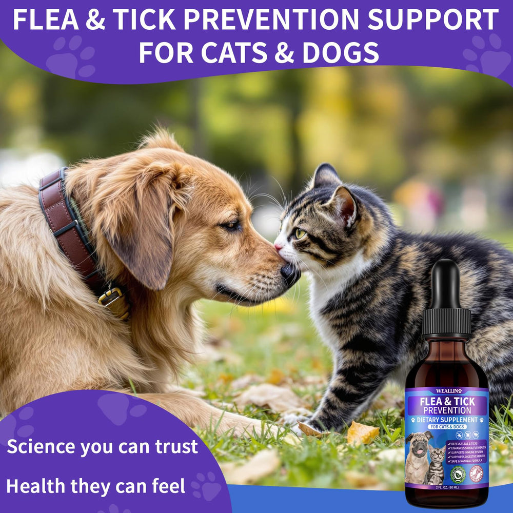 WEALLIN flea and tick support drops bottle shown from the side.