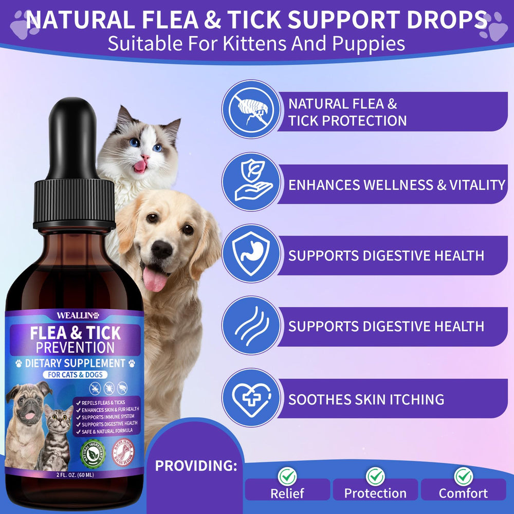 WEALLIN flea and tick support drops with a close view of the dropper.