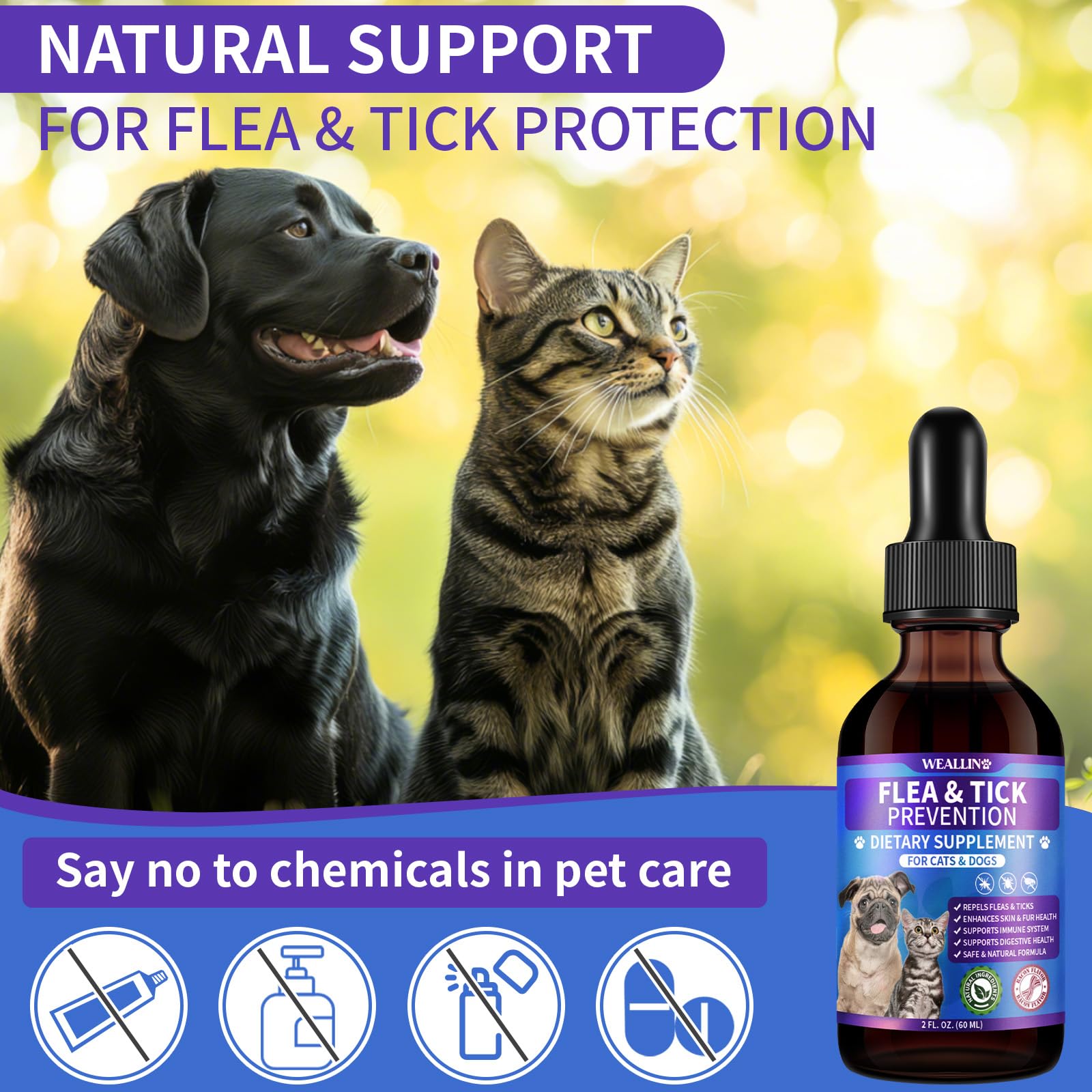 WEALLIN flea and tick support drops with their herbal ingredients highlighted.