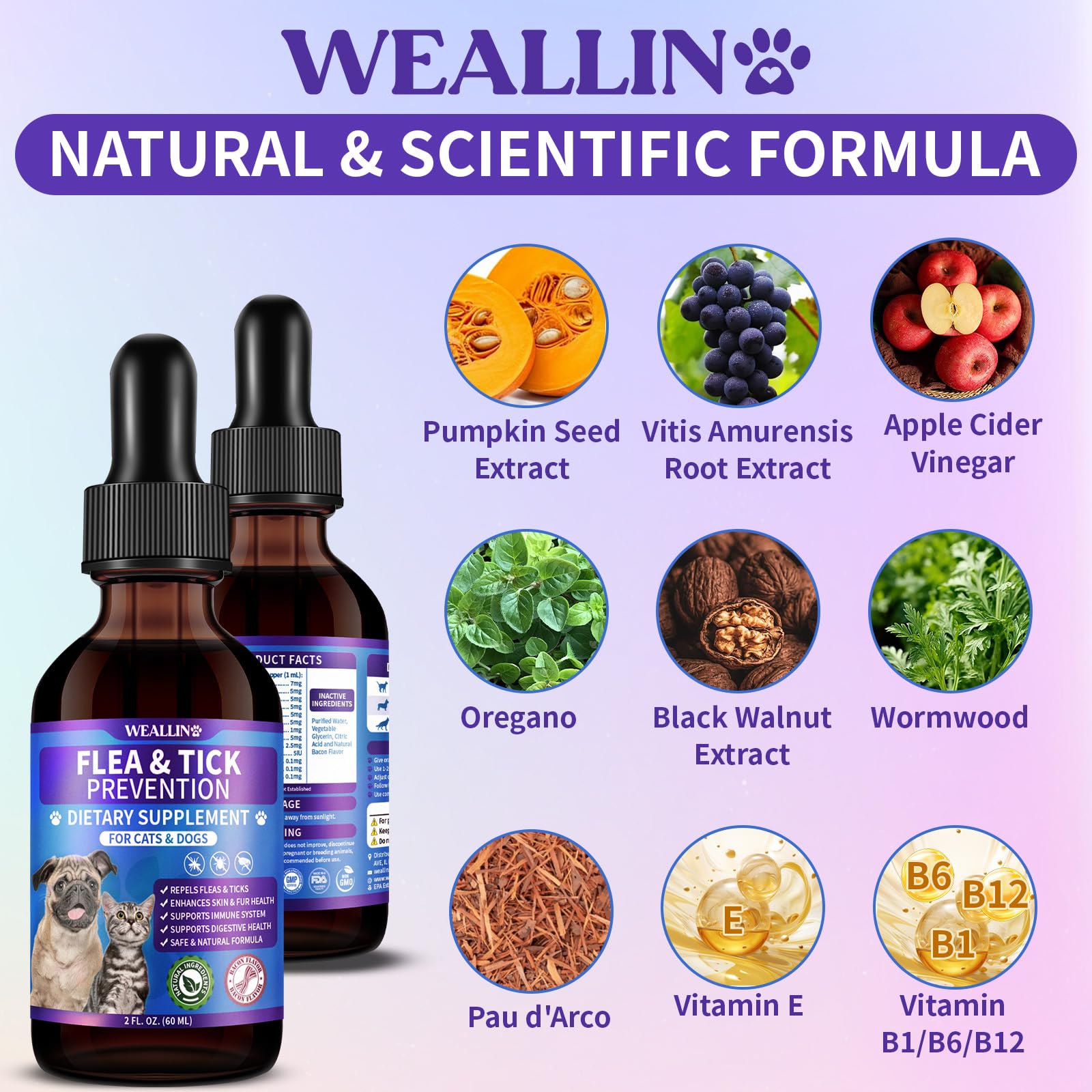 WEALLIN flea and tick support drops liquid shown in close-up.
